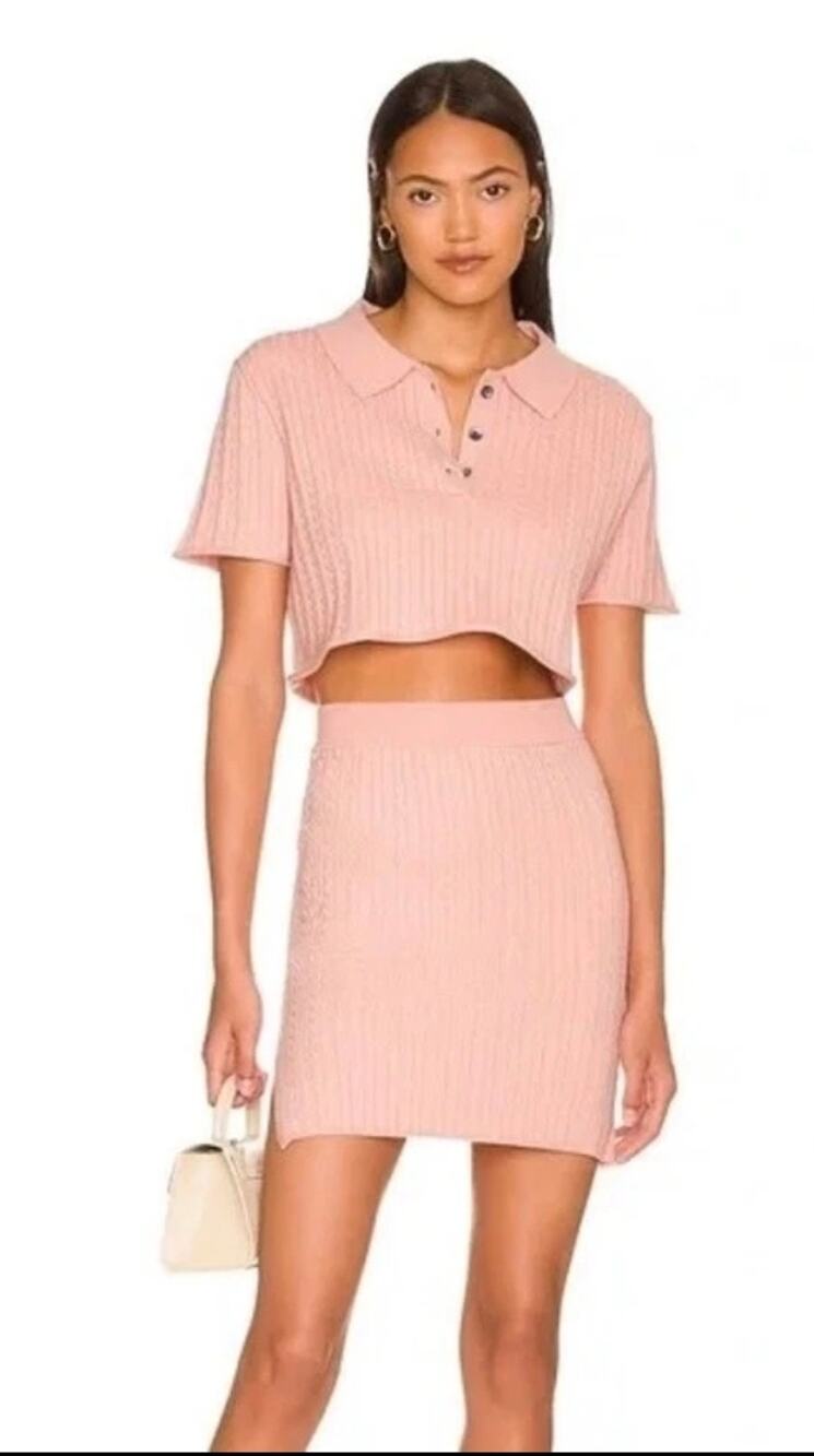 Callahan Knitwear women’s pink Daisy Polo Cropped Tee & skirt set Pink NWT XS